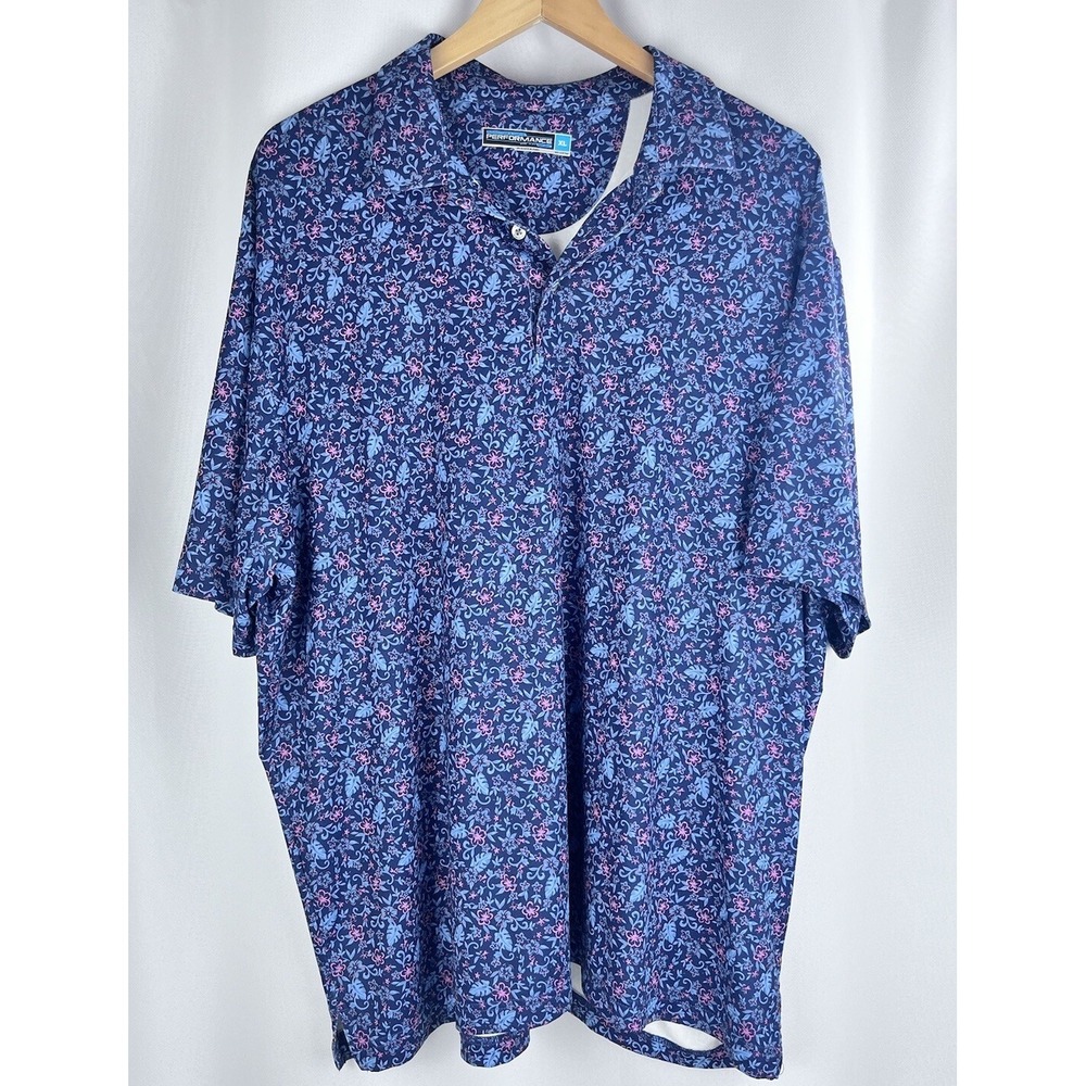 Roundtree Yorke Mens XLARGE Shirt Short Sleeve Polo‎ Blue Floral All Over Print